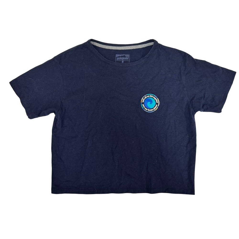 Patagonia Womens Responsibili-Tee Navy Blue Cropped Graphic T-Shirt Small